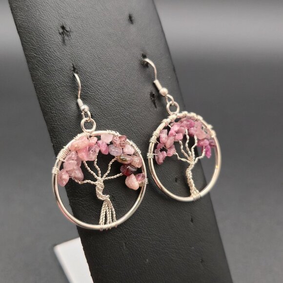 Silver Plated Pink Tourmaline Tree Of Life Earrings A6750 - Picture 2 of 5